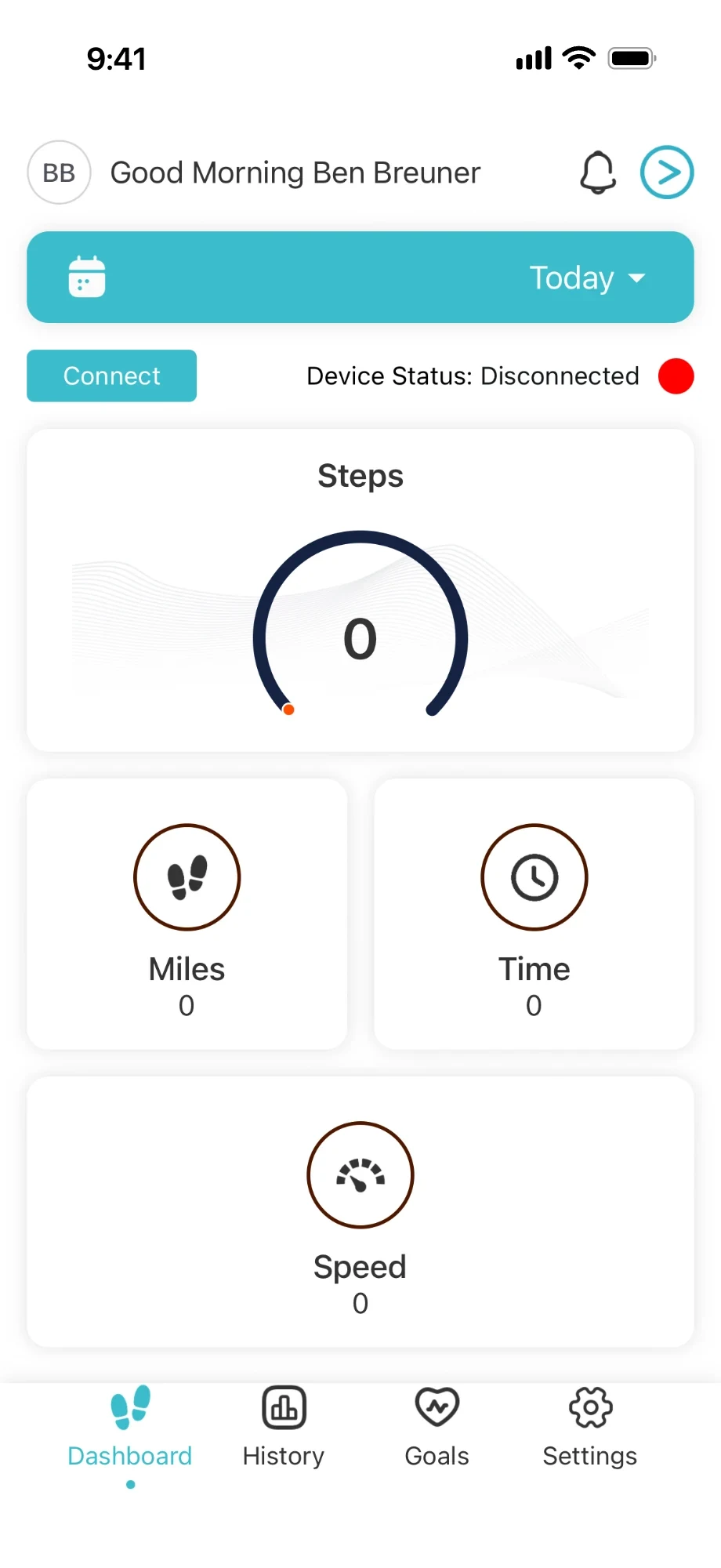 Legacy Unsit app dashboard: a greeting, a Today selector, a Connect button beside Device Status: Disconnected with a red dot, and gauges for steps, miles, time and speed all reading zero.